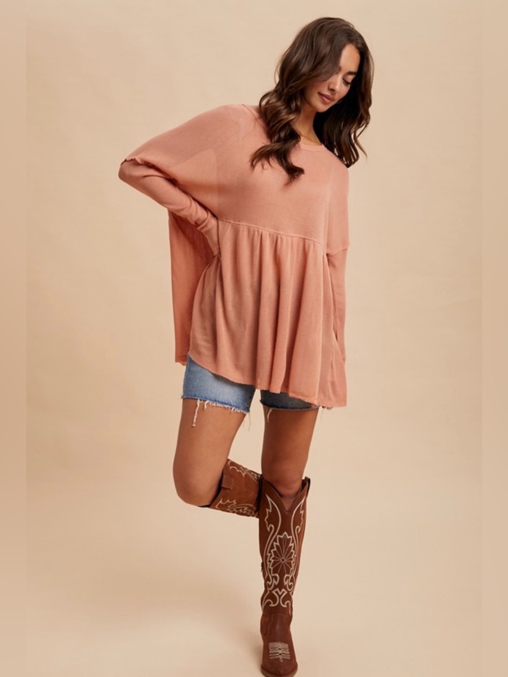 InLoom Dusty Coral  Babydoll Long-Sleeve Tunic Top NWT